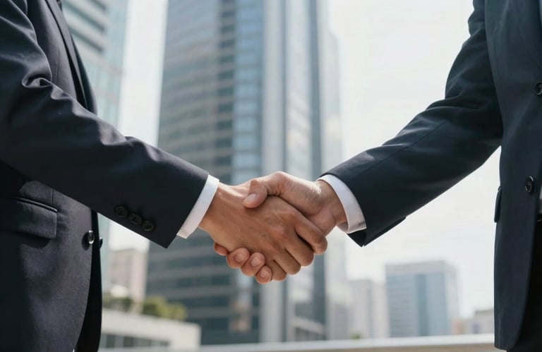 A professional handshake between two people in business attire within a bright, modern corporate office in an Australian skyscraper.