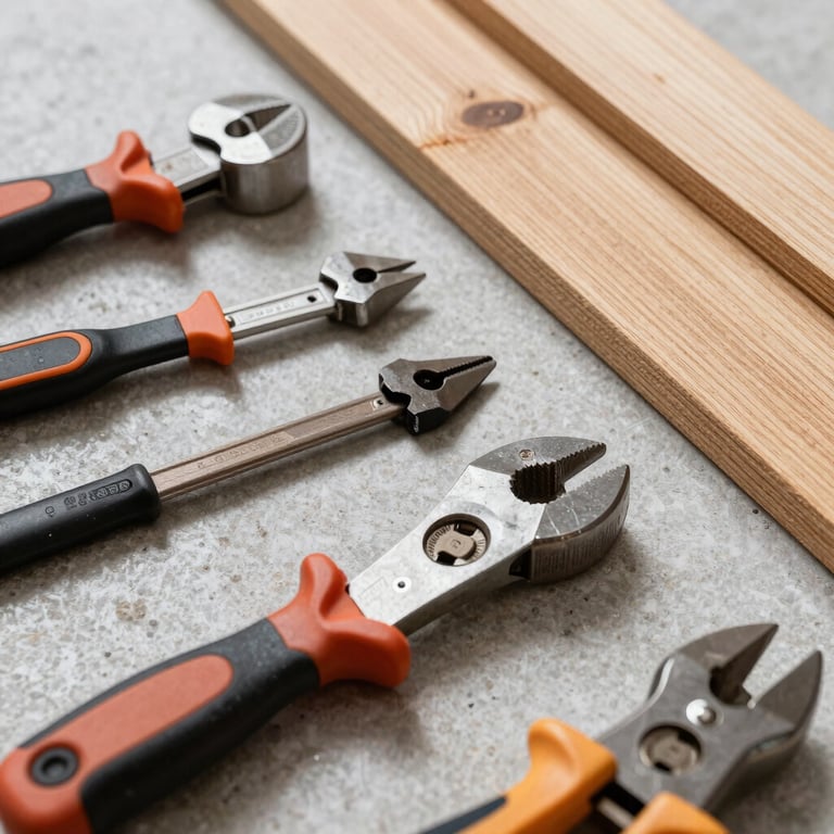 Close-up of professional carpentry tools on a light grey stone surface next to high-quality timber planks, representing technical reliability.