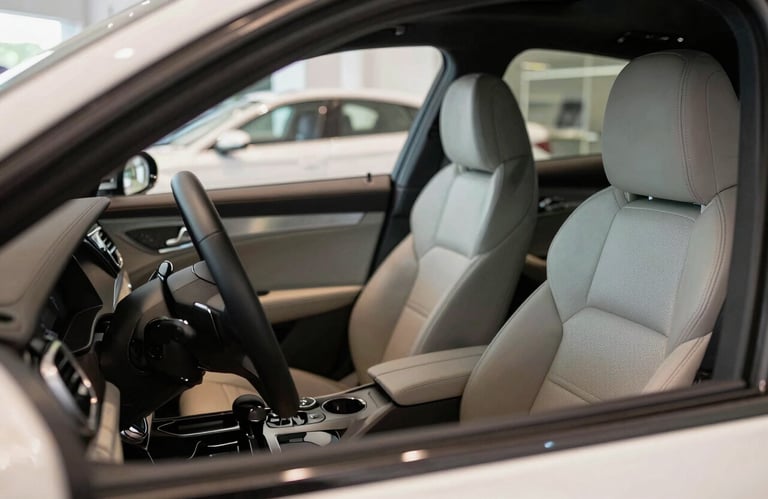 Interior of a premium car showing leather seats and steering wheel with meticulous detail, soft natural light, conveying luxury and professional care, Southern European / Spanish dealership.