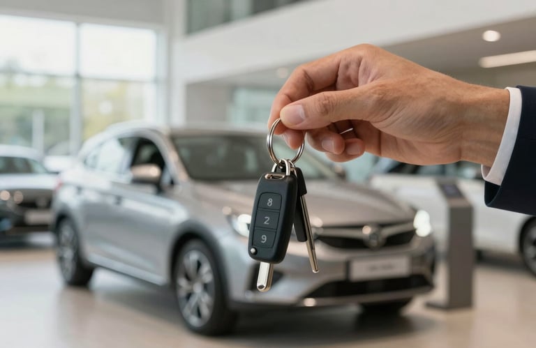 Close-up of hands holding a set of modern car keys in a bright, professional dealership setting, Southern European / Spanish environment, conveying a successful vehicle handover.