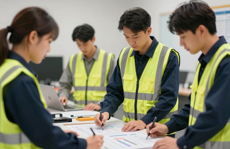 A group of focused logistics workers wearing high-visibility vests over navy uniforms, working around a planning table.