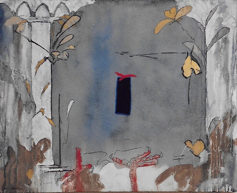 At The Door-1998- 24"x 30" Acrylic, Plaster, Silica Sand on Canvas. Private Collection