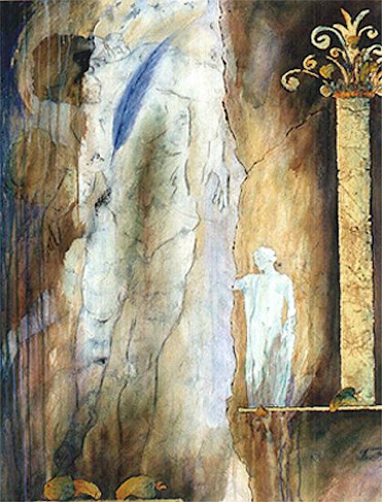 Being Weighed -2000-48"x 36" Acrylic, Plaster, Gold Leaf on Canvas. Private Collection