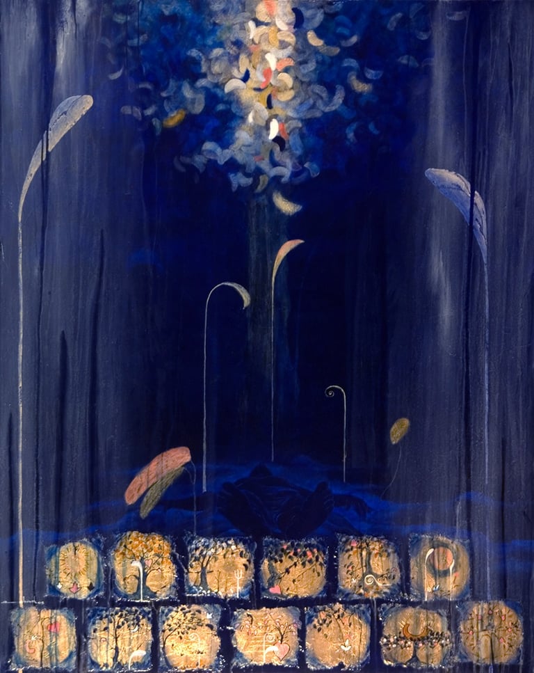 Dream Collector-2005- 60"x 48" Acrylic, Plaster, Gold Leaf on Canvas. Private Collection