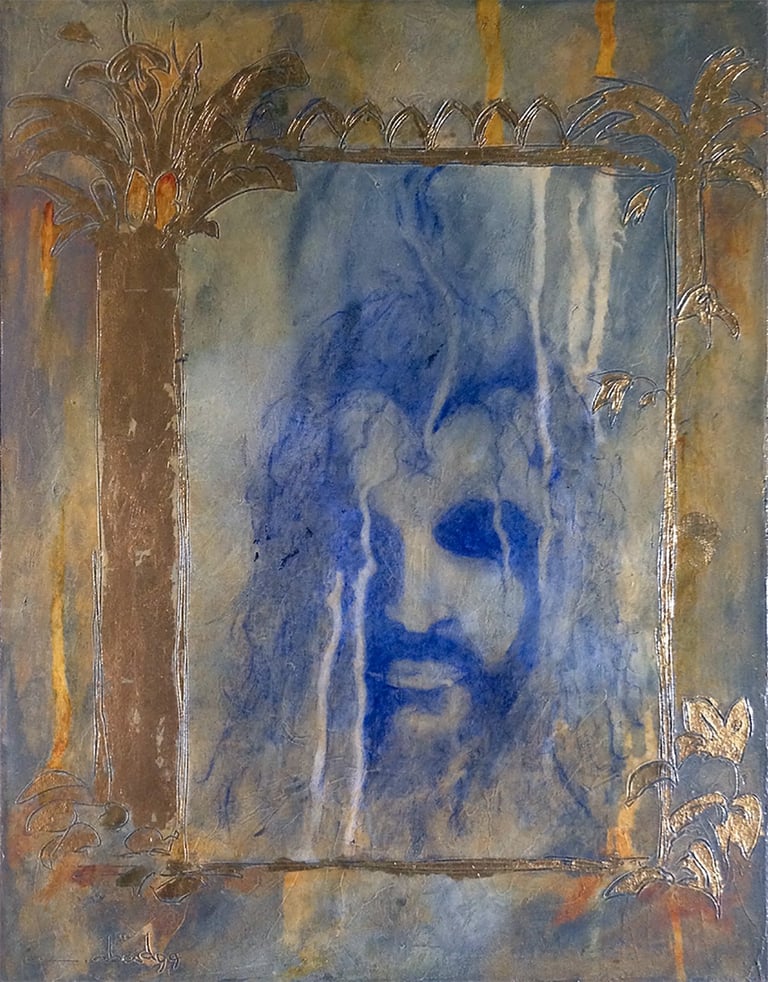 In the Mirror-1999- 18"x14" Acrylic, Plaster, Gold Leaf on Canvas. Private Collection