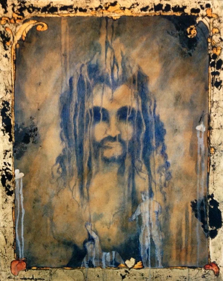 Two Egos-2000- 30"x 24" Acrylic, Plaster on Canvas. Gold Leaf. Private Collection