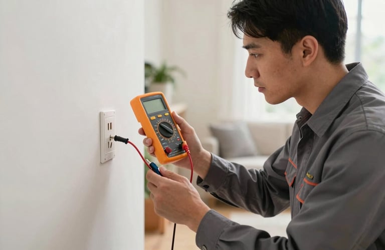 A professional electrician in a clean uniform using a digital multimeter to test a wall outlet in a bright North American / US living room, focusing on precision.