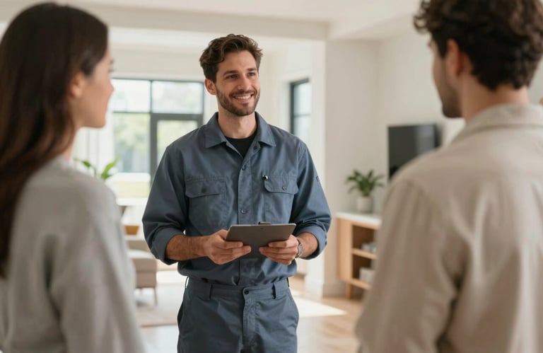 A friendly interaction between a professional technician in a slate blue uniform and a homeowner in a bright, modern North American / US foyer.