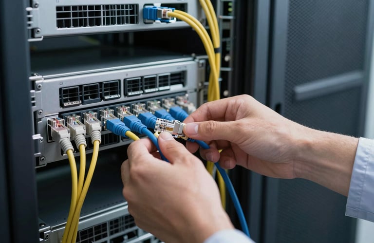 A technician's hands organizing neat ethernet cables in a professional server rack inside a modern data center.