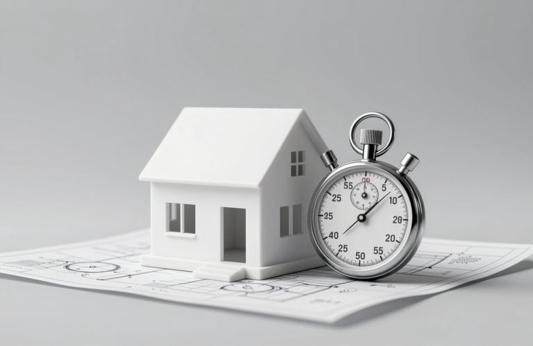 Minimalist representation of speed: a blueprint of a modern house next to a stopwatch, clean composition in shades of white and gray.