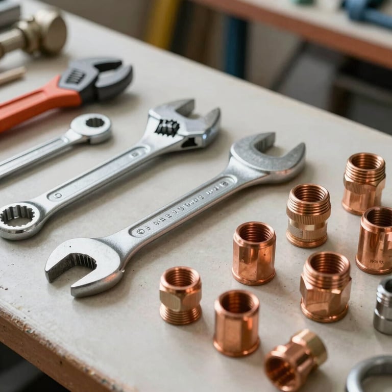 A clean arrangement of professional plumbing tools, including a wrench and copper fittings, on a light-colored workbench in a Spanish workshop.