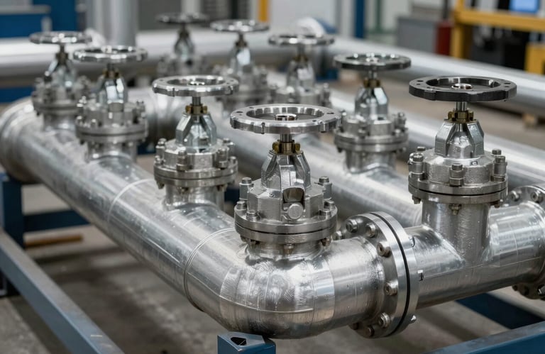 Industrial photography of high-quality metallic piping and valves used in construction, neatly arranged in a silver warehouse environment, professional lighting highlighting the texture of the materials.