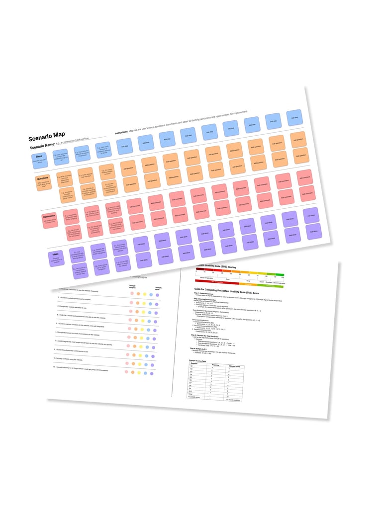 Two mockups of service design templates used in user-centred design