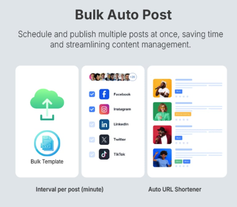 Bulk auto post tool dashboard showing social media scheduling for Facebook, Instagram, and LinkedIn.