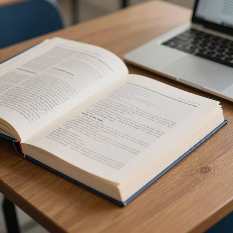 Close up of educational materials like books and a laptop on a wooden desk in a Brazilian learning hub, soft lighting, professional and clean aesthetic, off-white and deep blue colors.