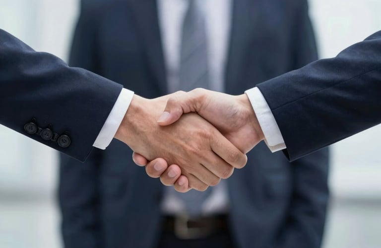 Sleek icon of shaking hands or a bridge, representing trust and connection, corporate aesthetic using brand palette.