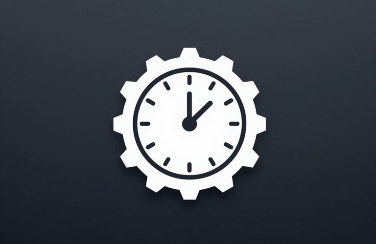 Minimalist icon of a clock and gears, professional and corporate style, incorporating #F5F7F8 on dark background.
