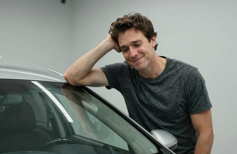 A portrait of a person in the North American US standing next to their car and smiling, looking relieved and satisfied after a quick windshield repair service.