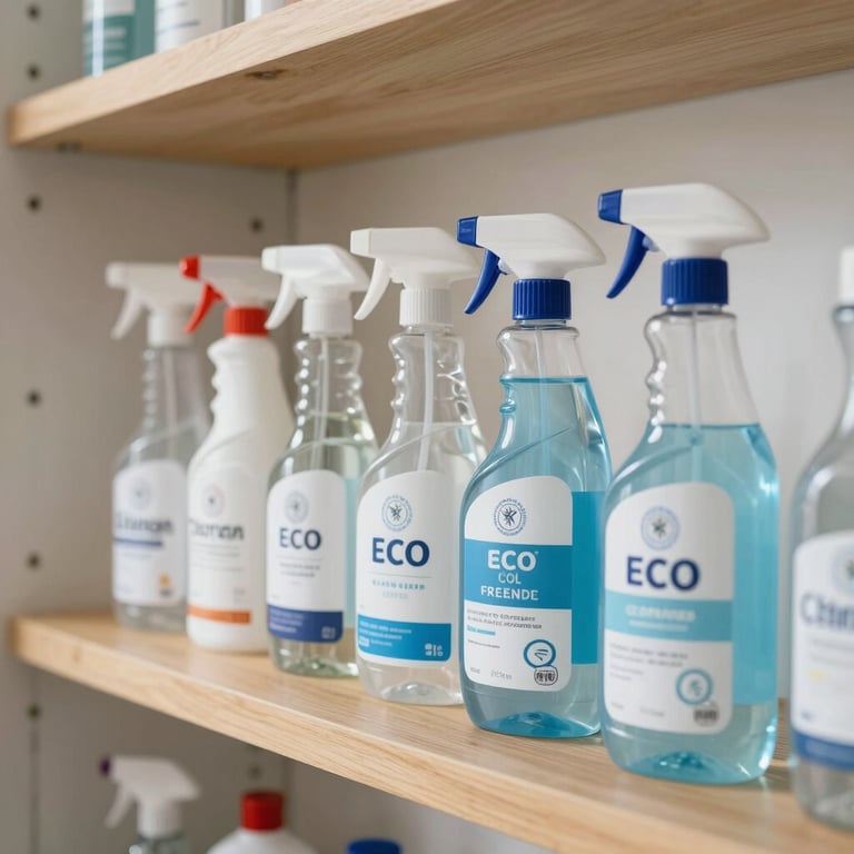 A selection of eco-friendly professional cleaning products in clear bottles arranged neatly on a wooden shelf in a bright, modern Southern European utility room. Soft natural lighting, palette of white and ice blue.