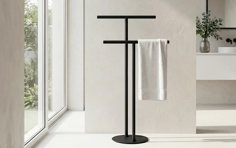 Freestanding matte black towel rack with a white towel in a modern minimalist bathroom.