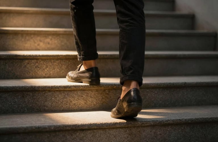 A close-up of a person's feet walking down a perfectly illuminated staircase at night. The focus is on the warm light provided by the steps, ensuring safety and ease of movement.