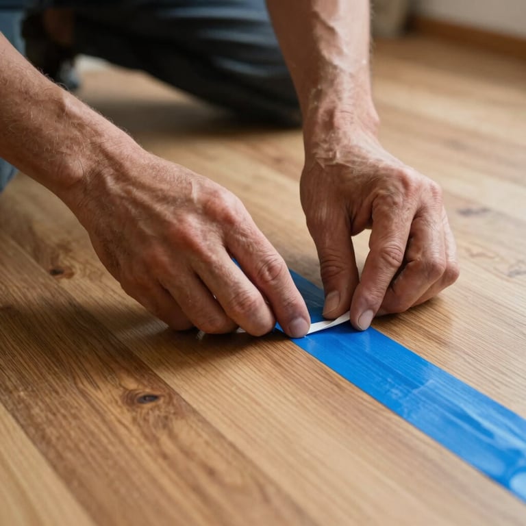 Close-up photography of a painter's hands carefully applying protective blue tape along the edges of a wooden floor in a Turkish home before starting the work.