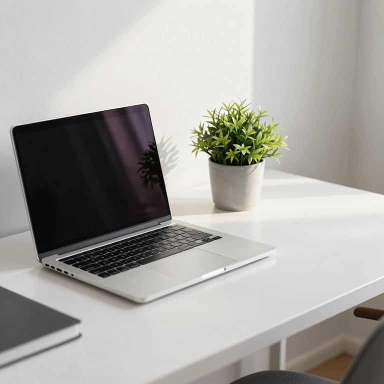 A clean, minimalist workspace with a modern laptop and a small green plant, bright natural light, North American / Global Business style.