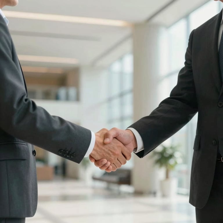 Two professionals in business attire shaking hands in a bright, modern lobby, North American / Global Business context, professional and optimistic mood.
