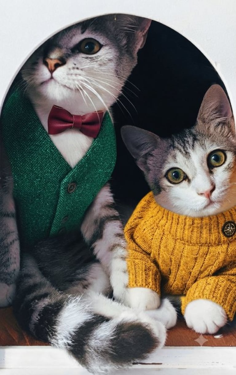 Dos gatos atigrados vestidos con un chaleco verde formal con pajarita y un acogedor suéter amarillo