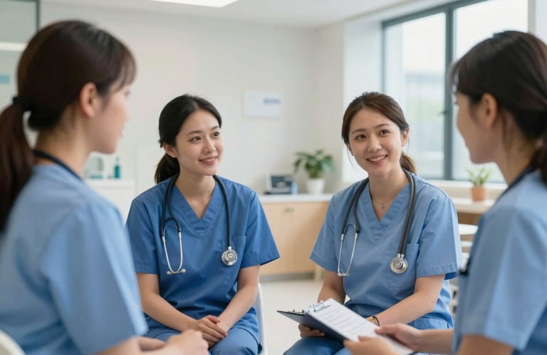 A supportive group meeting in a modern British healthcare facility, nursing professionals in blue uniforms talking together, bright and collaborative setting.
