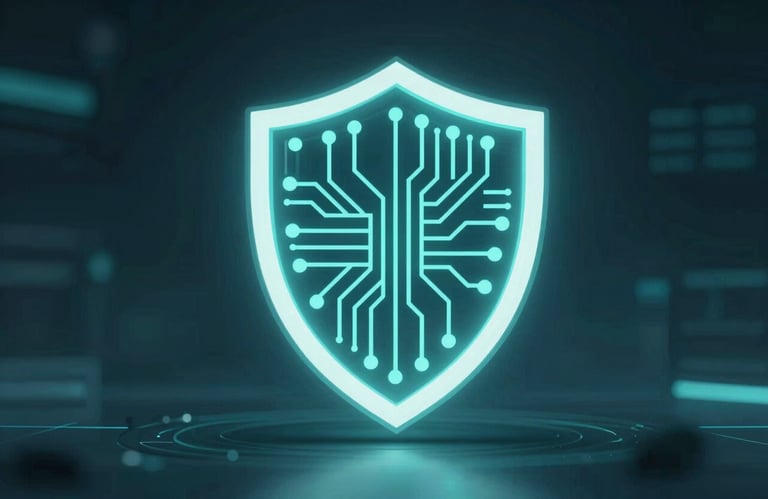 A sleek digital shield icon with a circuitry pattern inside, glowing with #3A8D9B light, symbolizing advanced cybersecurity and protection.