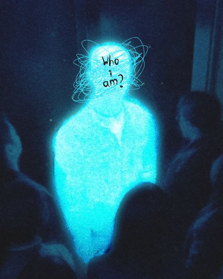 Silueta azul brillante de una persona con el texto ¿Quién soy? que explora la identidad y la salud