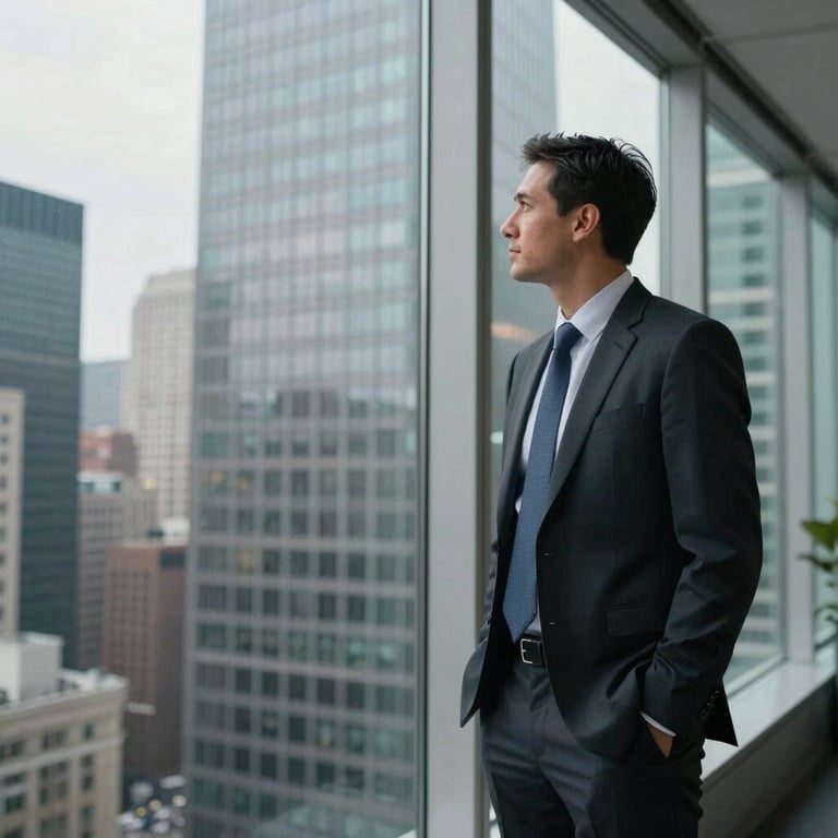 A professional trader standing in front of a glass wall in a US city skyscraper, looking out at the skyline, wearing business attire.