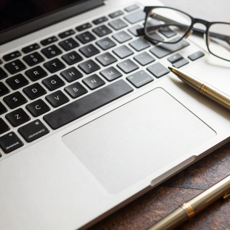 Macro photography of a sleek laptop keyboard and trackpad in a sunlit North American / US office, with a pair of professional glasses and a gold pen nearby.