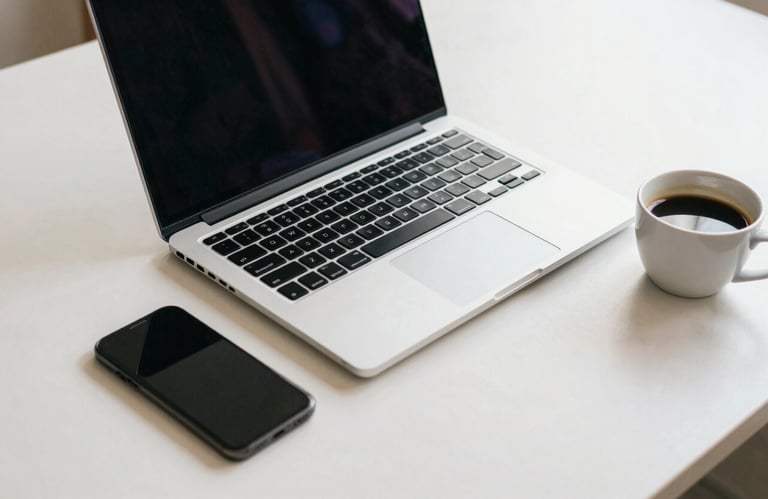 An organized desk set with a modern laptop, a smartphone, and a cup of coffee. The composition is clean and focused, using off-white and muted blue tones, reflecting a productive South American / Brazilian workday.