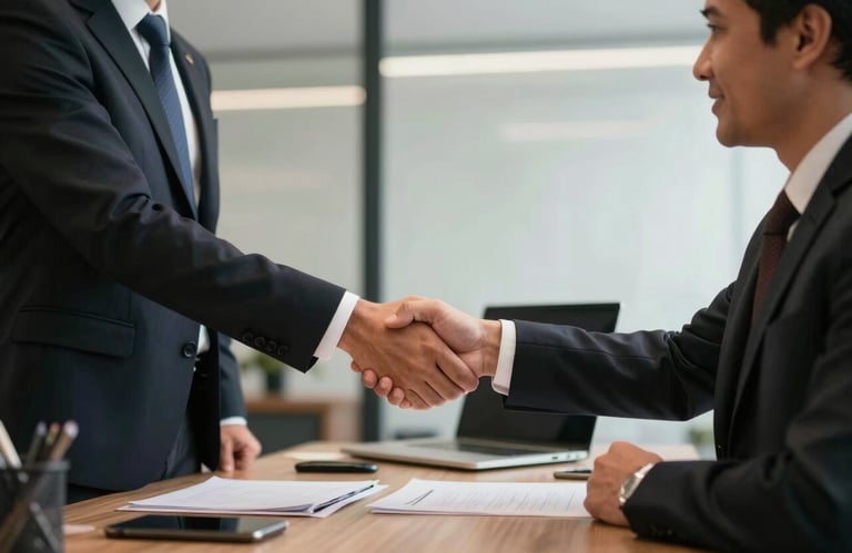 Two professionals in professional attire shaking hands over an organized desk in a South American / Brazilian office, symbolizing trust and efficient collaboration.