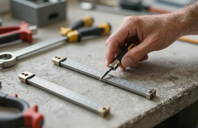 Detailed view of precision measuring tools on a concrete surface at a site managed by Andrew Horan. The style is realistic and human-centric, focusing on technical craftsmanship and efficiency.