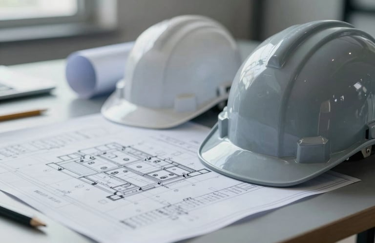 A close-up of high-quality industrial safety gear and blueprints on a site table, symbolizing the meticulous planning of Andrew Horan. Muted #4C6A7F and #9FB8C6 tones dominate the professional, grounded aesthetic.