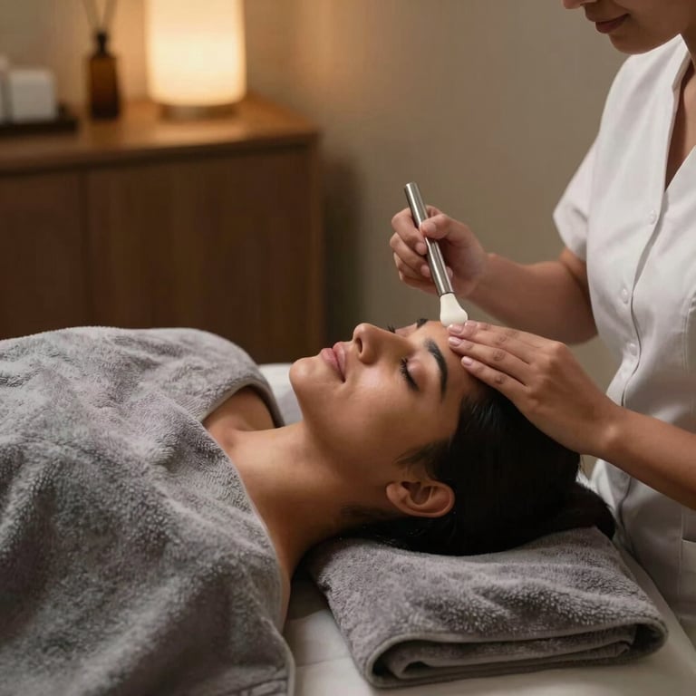 A South Asian client enjoying a relaxing facial treatment in a serene, modern spa room with warm dim lighting and clean gray towels.