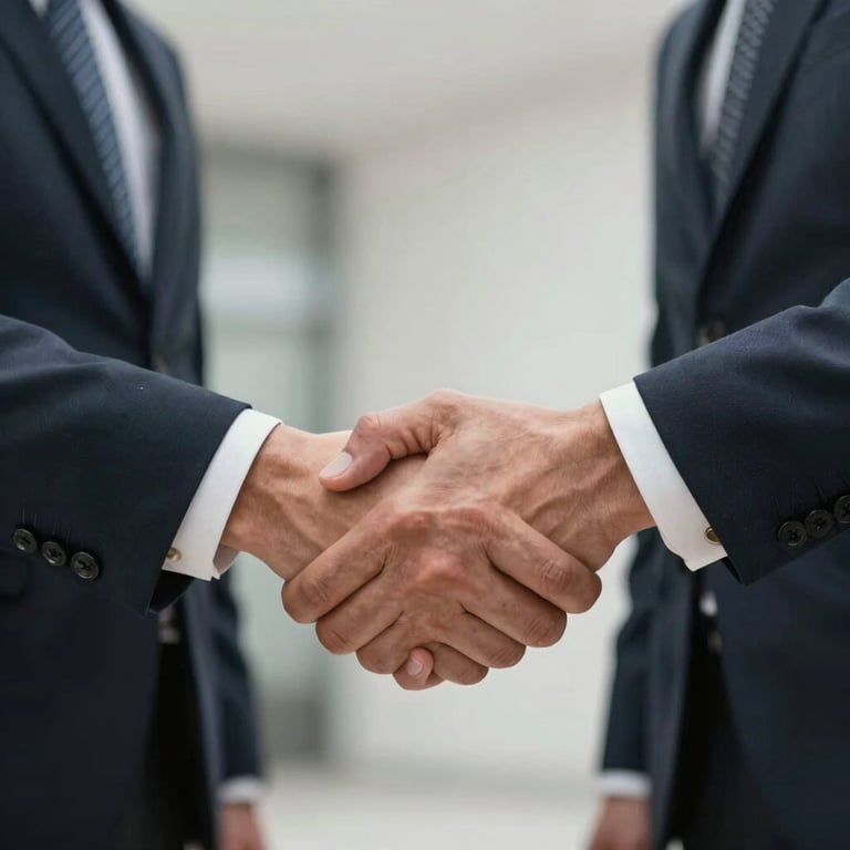 Close-up of a professional handshake between two business partners in formal Central European attire, representing a successful contract signing.