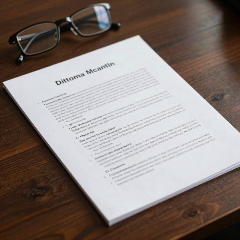 A detailed shot of a legal document being reviewed on a dark wood table with a pair of reading glasses, representing meticulous consulting and research.