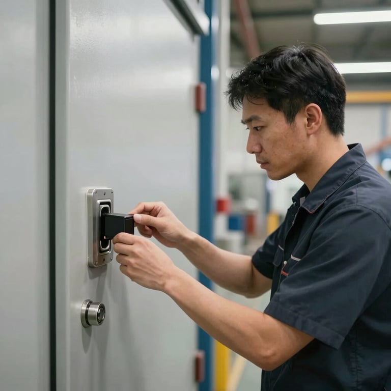 A professional technician in a clean uniform inspecting a high-security lock on a warehouse door in a well-lit North American industrial setting.