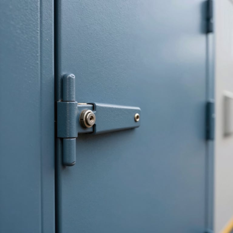 A clean, high-detail shot of a heavy-duty industrial door closer and security hinges on a slate blue door in a US commercial building corridor.