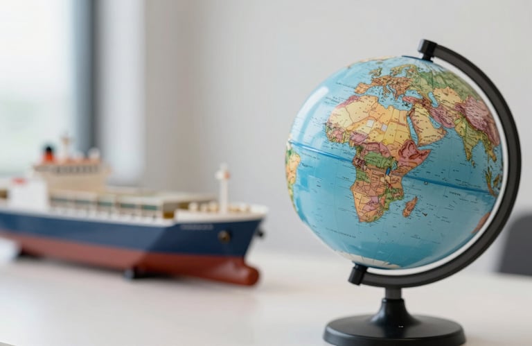 A detail shot of a globe placed next to a high-end cargo ship model in a professional office. Represents international trade expertise. Colors highlight #1A2A38 and #A5BCCF.