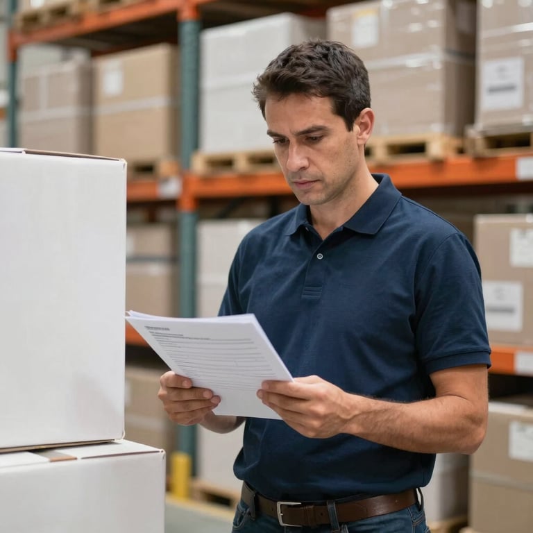 A professional South American logistics specialist checking a manifest against boxes in a modern warehouse setting. The scene uses a professional color palette of Dark Navy and Off-white, conveying precision and reliability.