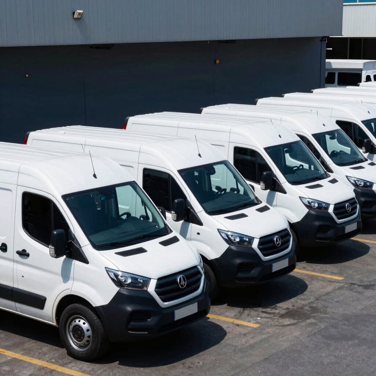 A fleet of clean, white logistics vans parked in a row at a modern terminal in Lima. High-contrast photography using colors like Dark Navy and Slate Blue in the surroundings to convey efficiency.