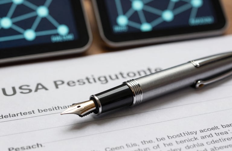 Close-up of a high-end fountain pen resting on an investigative report in a US setting, with blurred digital displays in the background showing complex network nodes.