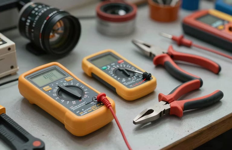 High-quality professional electrical tools, including a multimeter and insulated pliers, arranged neatly on a workbench in a Latin American / Spanish workshop. Professional depth of field.