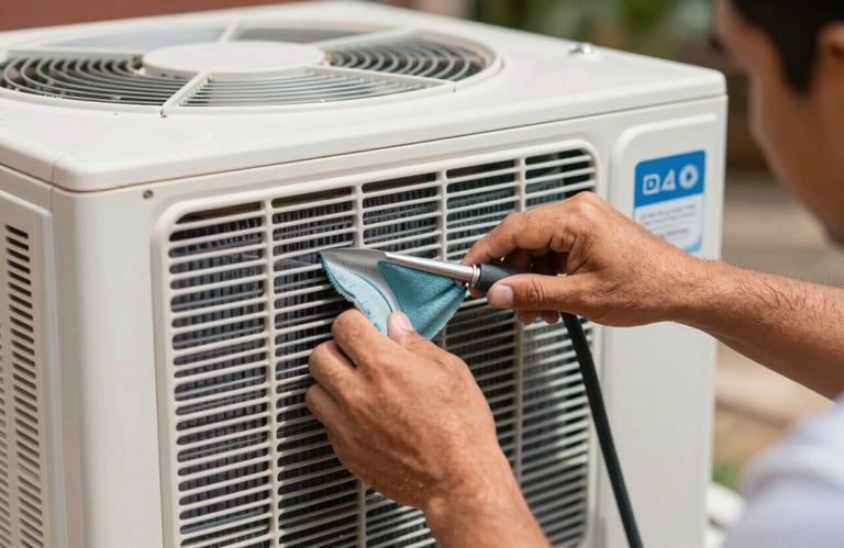 A close-up of a technician's hands cleaning the condenser filters of an outdoor AC unit in a sunny Latin American / Spanish setting. Detail-oriented work.