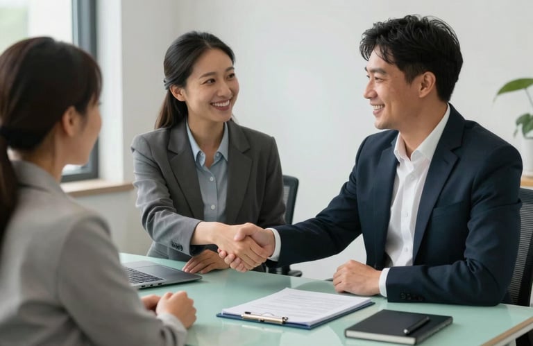 A property manager in professional attire meeting with a client in a North American / US (Southeast) office. They are smiling and shaking hands over a Muted Seafoam colored desk.